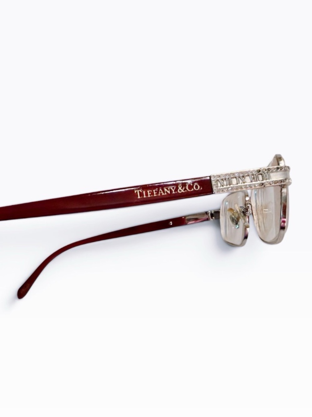 TIFFANY & CO Eyeglasses Burgundy Roman Numeral Crystal Detail Designer Frames